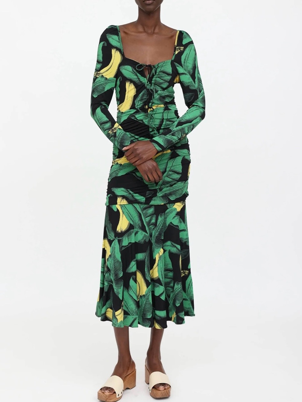 Ganni Black Green and Yellow Leaf-Print Long Sleeve Midi Dress